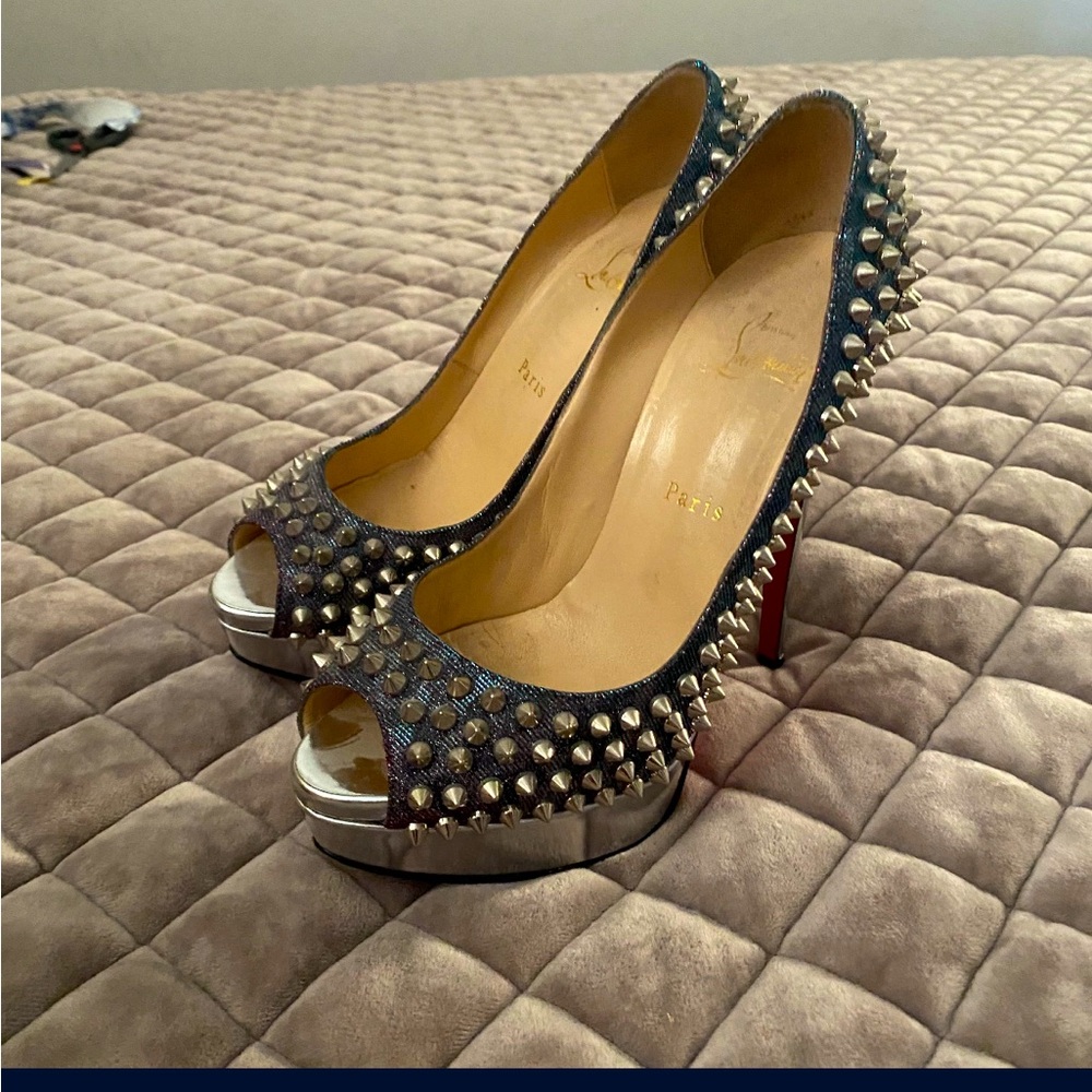 Christian Louboutin Lady Peep Spikes Turquoise Violet Pump